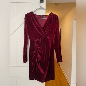 Burgundy velvet mini dress.